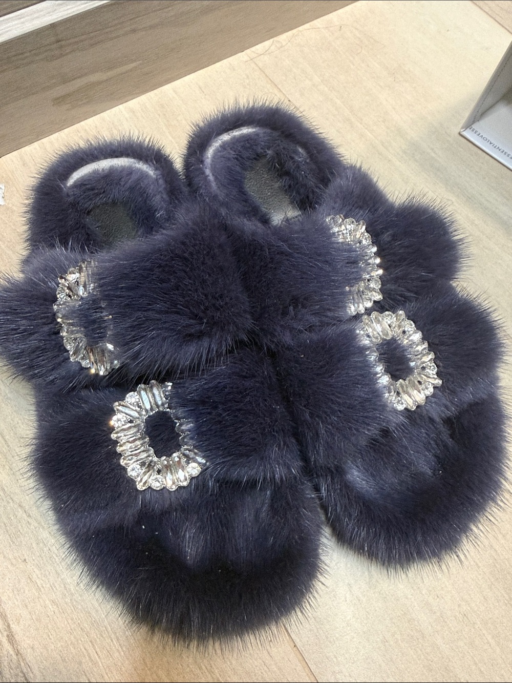 Luxurious Navy Fur Crystal-Embellished Women's Slide Slippers